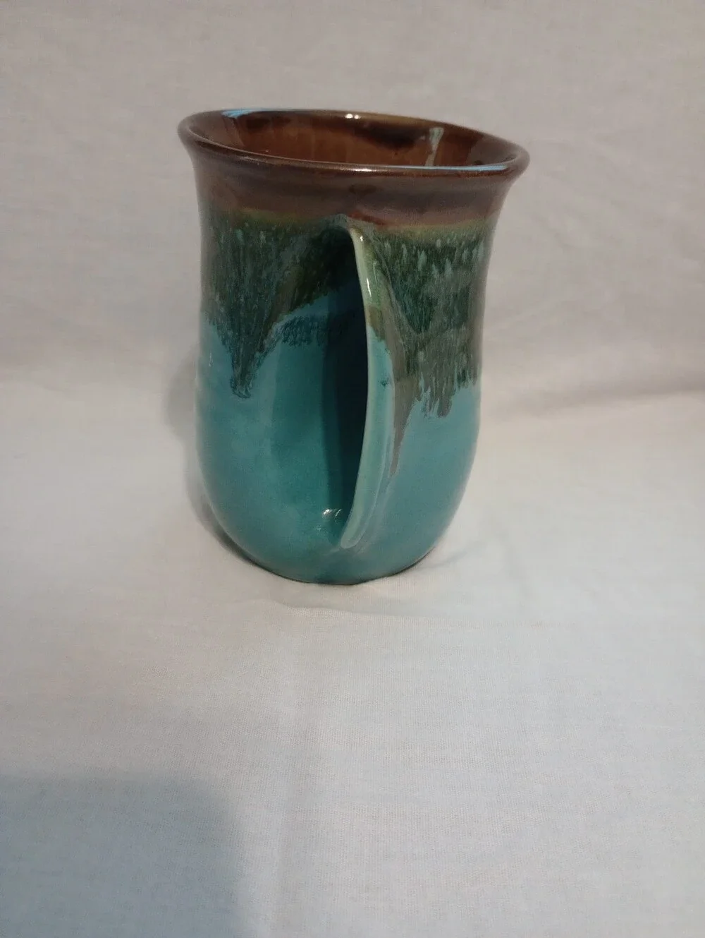 Neher Clay In Motion Ocean Tide Blue Brown Drip Glaze Right Hand Handwarmer Mug